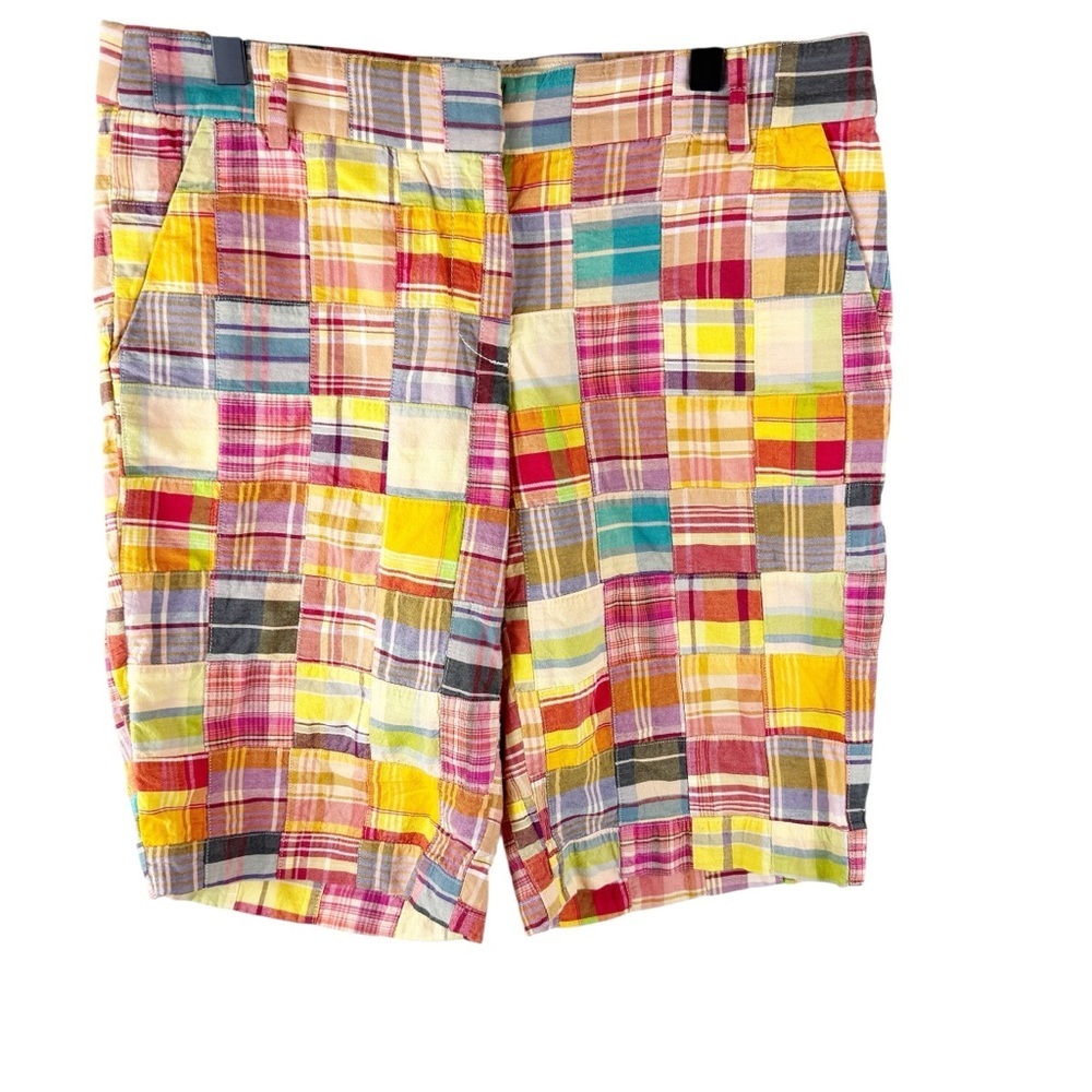 Vintage Y2K J. Crew Rainbow Madras Plaid Patchwork Bermuda Shorts - Picture 3 of 6
